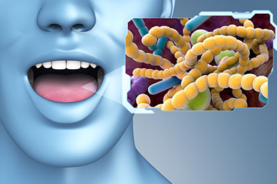 A digitally altered image featuring a humanoid figure with an exaggeratedly large mouth, containing a microscopic view of bacteria and viruses, symbolizing the importance of oral hygiene in preventing disease.