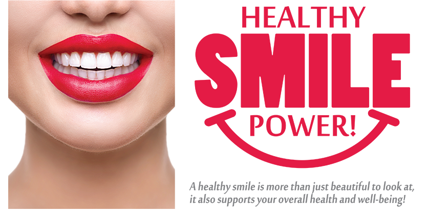 The image shows a close-up of a person s face, focusing on the lips and mouth area. The individual is wearing red lipstick and appears to be smiling. Overlaid on the image are texts that read  HEALTHY SMILE POWER  in large, bold letters, suggesting a connection between dental care and emotional well-being.